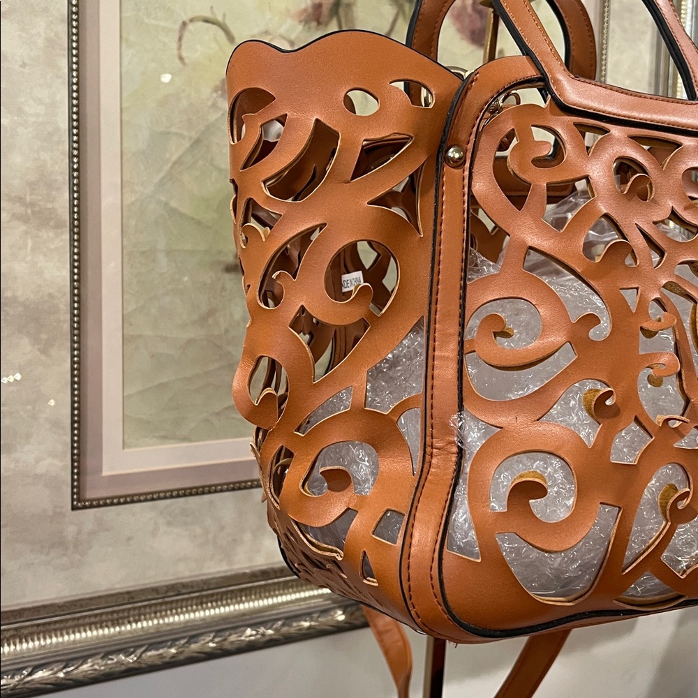Brown Laser Cut Cutout Handbag Crossbody - Picture 4 of 11